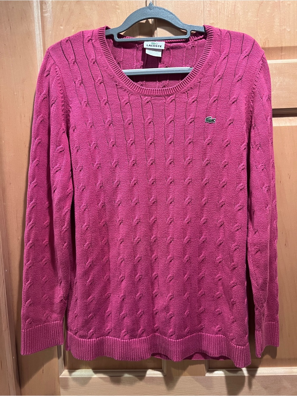 Lacoste Women’s Preppy Cotton Cable Knit Crewneck Sweater Raspberry Pink Sz 46